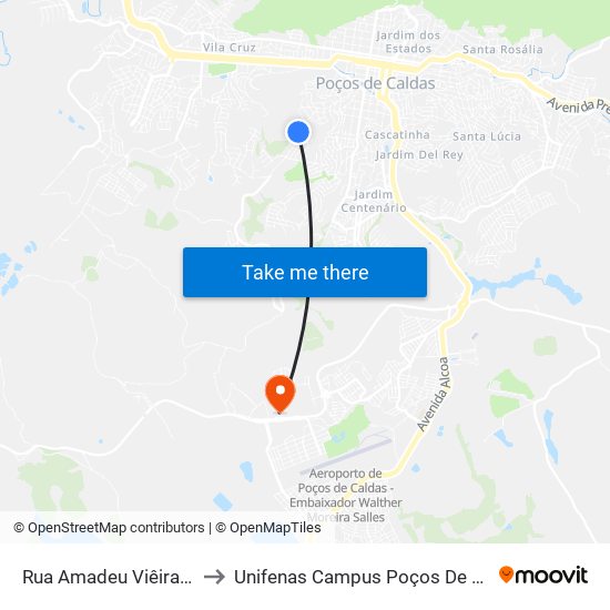 Rua Amadeu Viêira, 670 to Unifenas Campus Poços De Caldas map