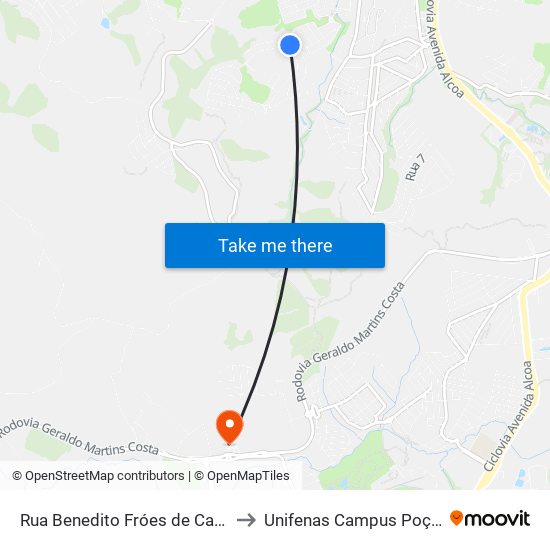 Rua Benedito Fróes de Carvalho, 258-322 to Unifenas Campus Poços De Caldas map