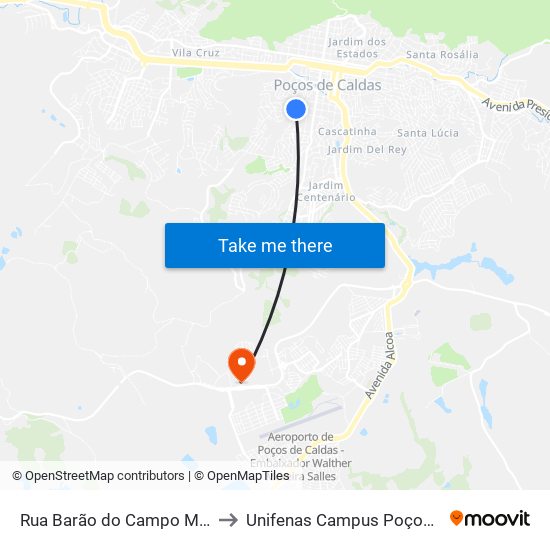 Rua Barão do Campo Místico, 450 to Unifenas Campus Poços De Caldas map