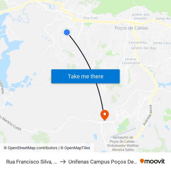 Rua Francisco Silva, 20-64 to Unifenas Campus Poços De Caldas map