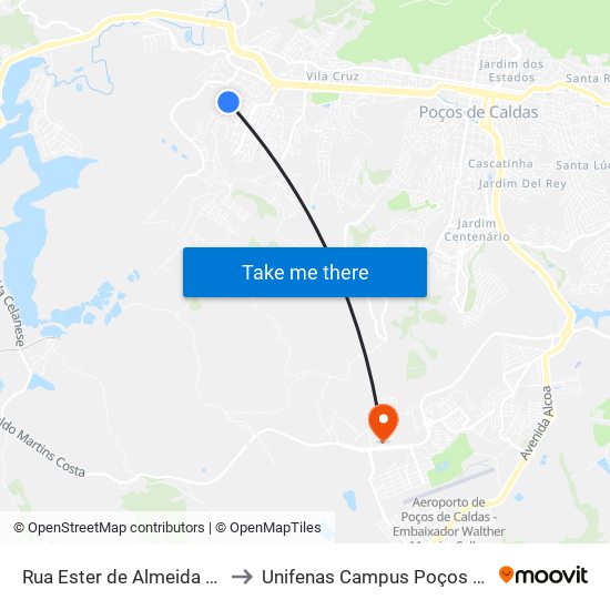 Rua Ester de Almeida Prata, 85 to Unifenas Campus Poços De Caldas map