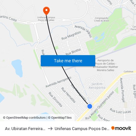 Av. Ubiratan Ferreira, 7601 to Unifenas Campus Poços De Caldas map