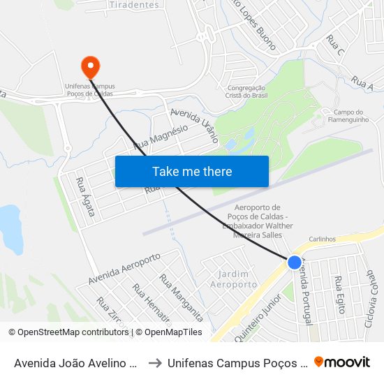 Avenida João Avelino de Melo, 5 to Unifenas Campus Poços De Caldas map