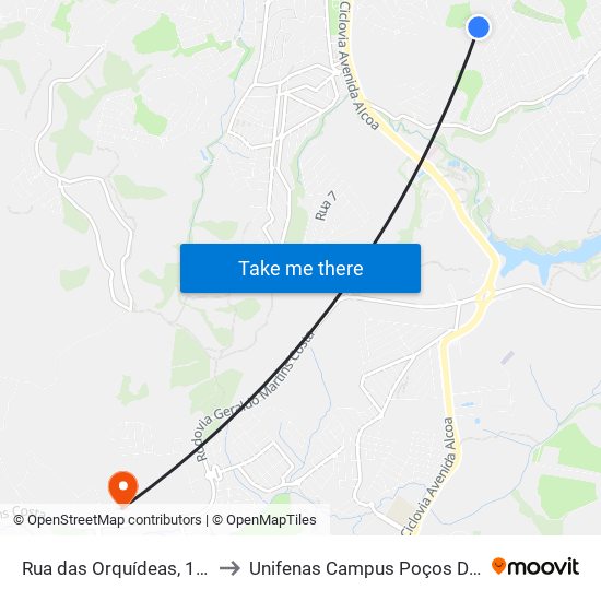 Rua das Orquídeas, 156-344 to Unifenas Campus Poços De Caldas map