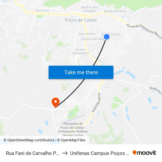 Rua Fani de Carvalho Prata, 859 to Unifenas Campus Poços De Caldas map