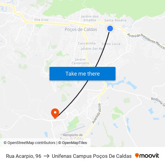 Rua Acarpio, 96 to Unifenas Campus Poços De Caldas map