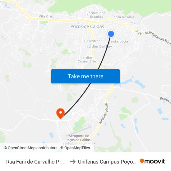 Rua Fani de Carvalho Prata, 167-261 to Unifenas Campus Poços De Caldas map