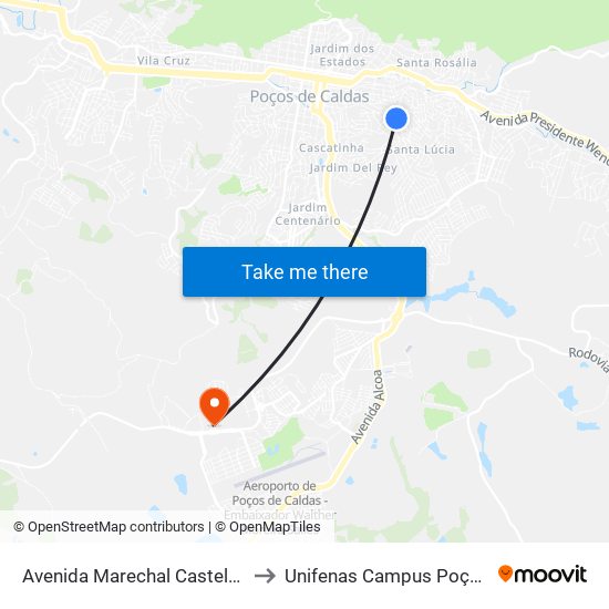 Avenida Marechal Castelo Branco, 354 to Unifenas Campus Poços De Caldas map
