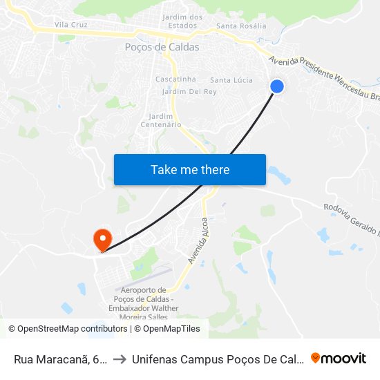 Rua Maracanã, 690 to Unifenas Campus Poços De Caldas map