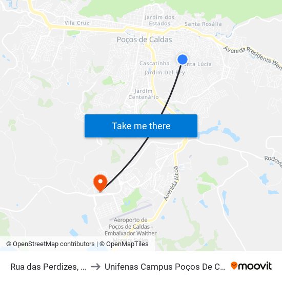 Rua das Perdizes, 155 to Unifenas Campus Poços De Caldas map