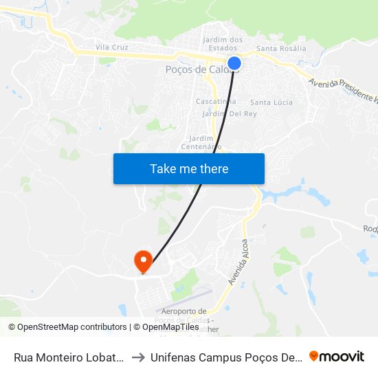 Rua Monteiro Lobato, 135 to Unifenas Campus Poços De Caldas map