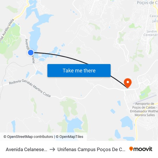 Avenida Celanese, 70 to Unifenas Campus Poços De Caldas map