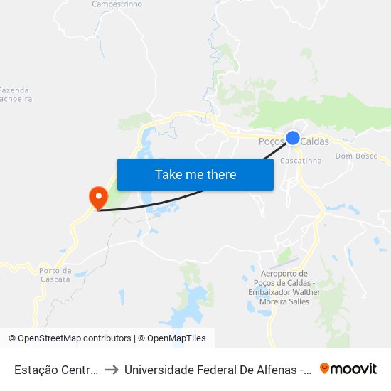 Estação Central (Embarque) to Universidade Federal De Alfenas - Campus De Poços De Caldas map