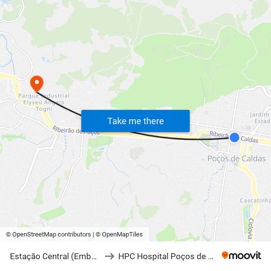 Estação Central (Embarque) to HPC Hospital Poços de Caldas map