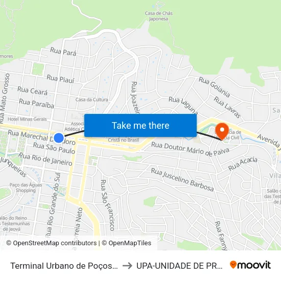 Terminal Urbano de Poços de Caldas | Plataforma B to UPA-UNIDADE DE PRONTO ATENDIMENTO map