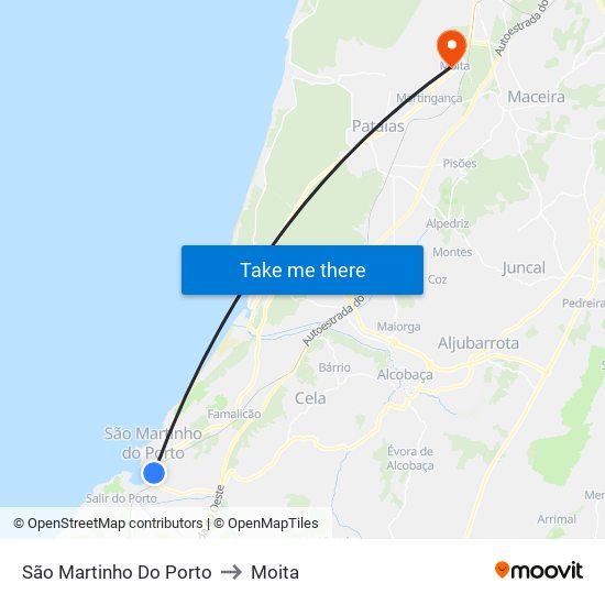 São Martinho Do Porto to Moita map