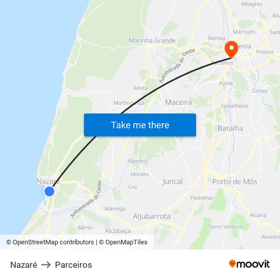 Nazaré to Parceiros map