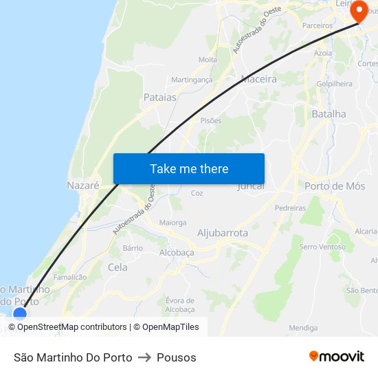 São Martinho Do Porto to Pousos map