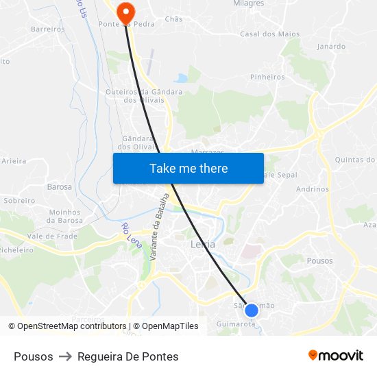 Pousos to Regueira De Pontes map