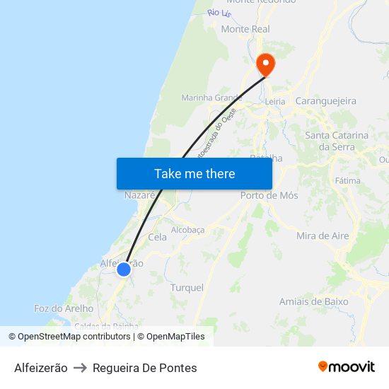 Alfeizerão to Regueira De Pontes map