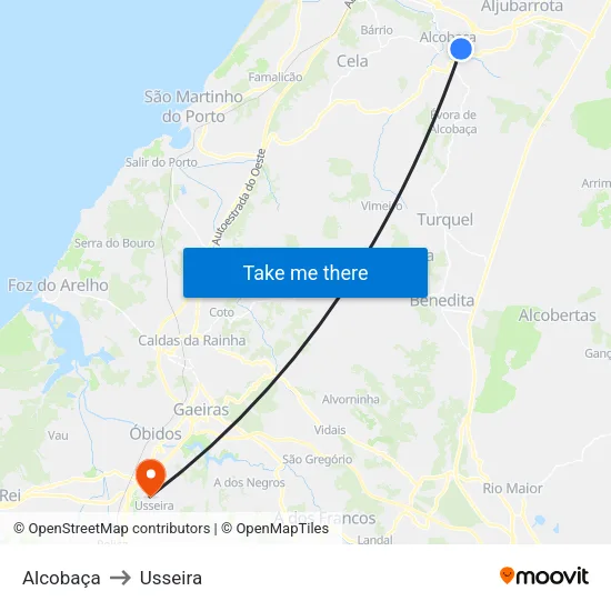 Alcobaça to Usseira map