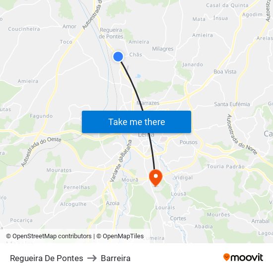 Regueira De Pontes to Barreira map