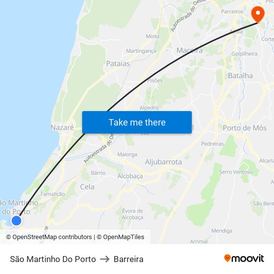 São Martinho Do Porto to Barreira map