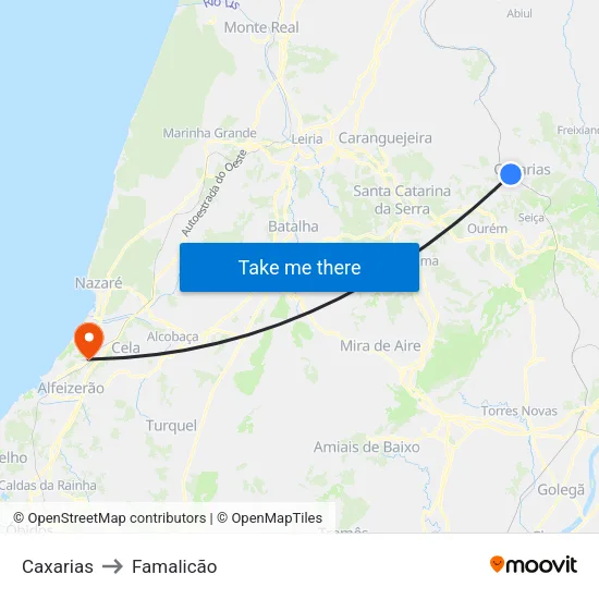Caxarias to Famalicão map
