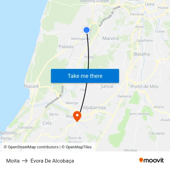 Moita to Évora De Alcobaça map
