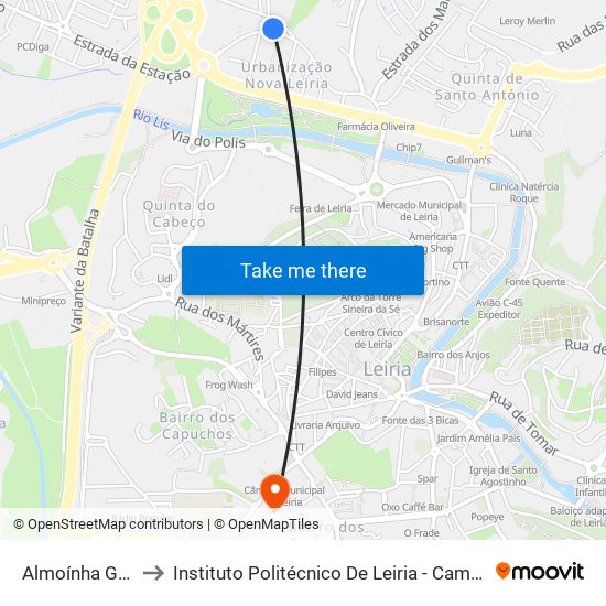 Almoínha Grande to Instituto Politécnico De Leiria - Campus 1 Esecs map