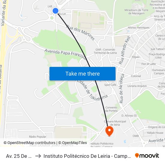 Av. 25 De Abril to Instituto Politécnico De Leiria - Campus 1 Esecs map