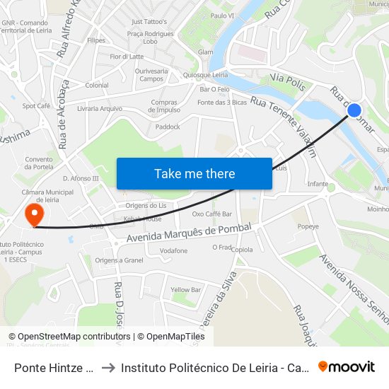 Ponte Hintze Ribeiro to Instituto Politécnico De Leiria - Campus 1 Esecs map