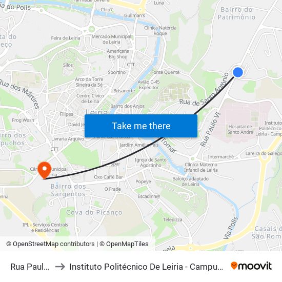 Rua Paulo VI to Instituto Politécnico De Leiria - Campus 1 Esecs map