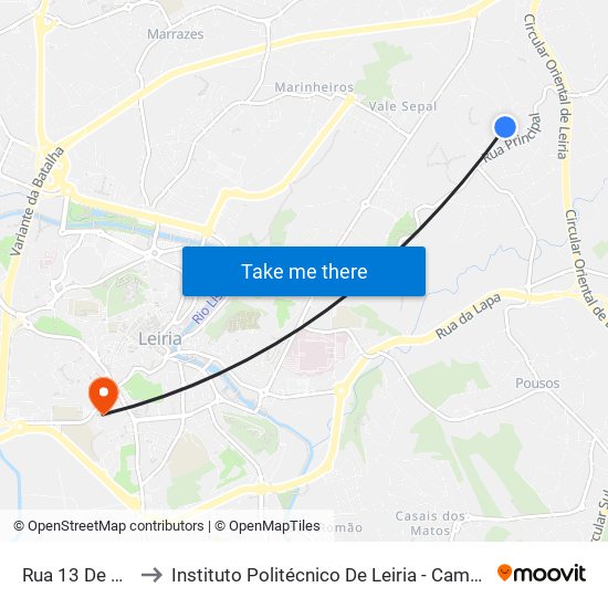 Rua 13 De Junho to Instituto Politécnico De Leiria - Campus 1 Esecs map