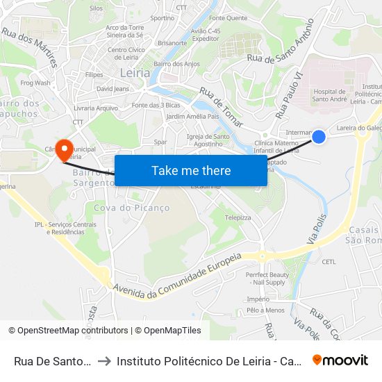Rua De Santo André to Instituto Politécnico De Leiria - Campus 1 Esecs map