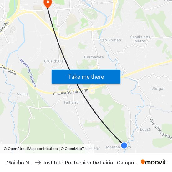 Moinho Novo to Instituto Politécnico De Leiria - Campus 1 Esecs map