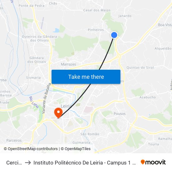 Cercilei to Instituto Politécnico De Leiria - Campus 1 Esecs map