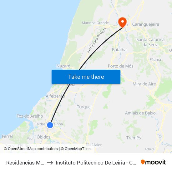 Residências Montepio to Instituto Politécnico De Leiria - Campus 1 Esecs map