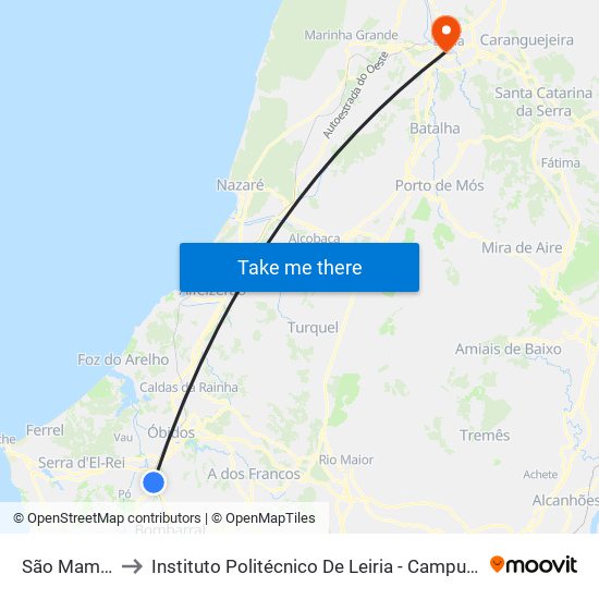 São Mamede to Instituto Politécnico De Leiria - Campus 1 Esecs map