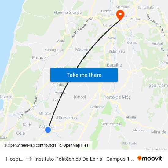 Hospital to Instituto Politécnico De Leiria - Campus 1 Esecs map