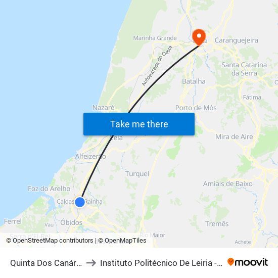 Quinta Dos Canários (Hotel) to Instituto Politécnico De Leiria - Campus 1 Esecs map