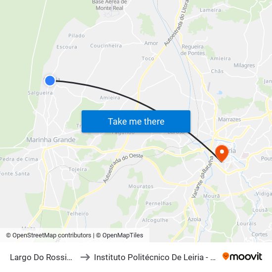 Largo Do Rossio (Capela) to Instituto Politécnico De Leiria - Campus 1 Esecs map
