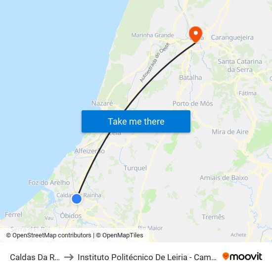 Caldas Da Rainha to Instituto Politécnico De Leiria - Campus 1 Esecs map