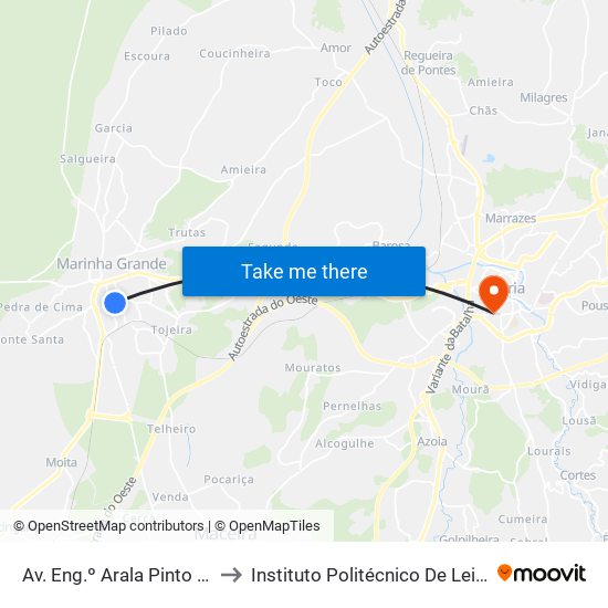 Av. Eng.º Arala Pinto (Zona Comercial) to Instituto Politécnico De Leiria - Campus 1 Esecs map