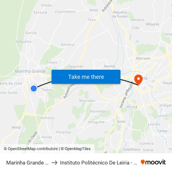 Marinha Grande (Estação) to Instituto Politécnico De Leiria - Campus 1 Esecs map