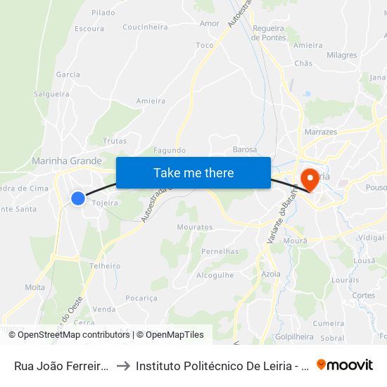 Rua João Ferreira Gândara to Instituto Politécnico De Leiria - Campus 1 Esecs map