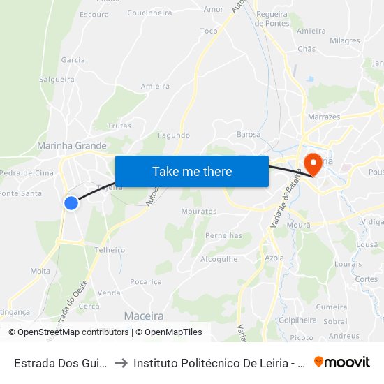Estrada Dos Guilhermes 1 to Instituto Politécnico De Leiria - Campus 1 Esecs map