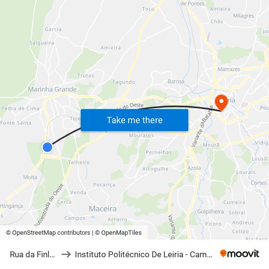 Rua Da Finlândia to Instituto Politécnico De Leiria - Campus 1 Esecs map