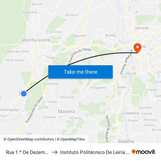 Rua 1.º De Dezembro (Capela) to Instituto Politécnico De Leiria - Campus 1 Esecs map