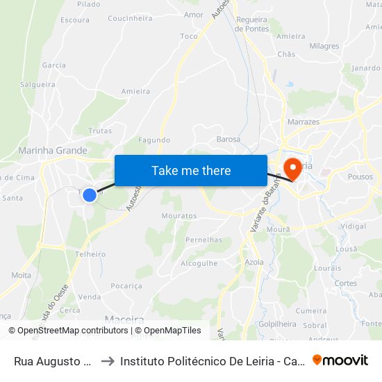 Rua Augusto Costa 1 to Instituto Politécnico De Leiria - Campus 1 Esecs map
